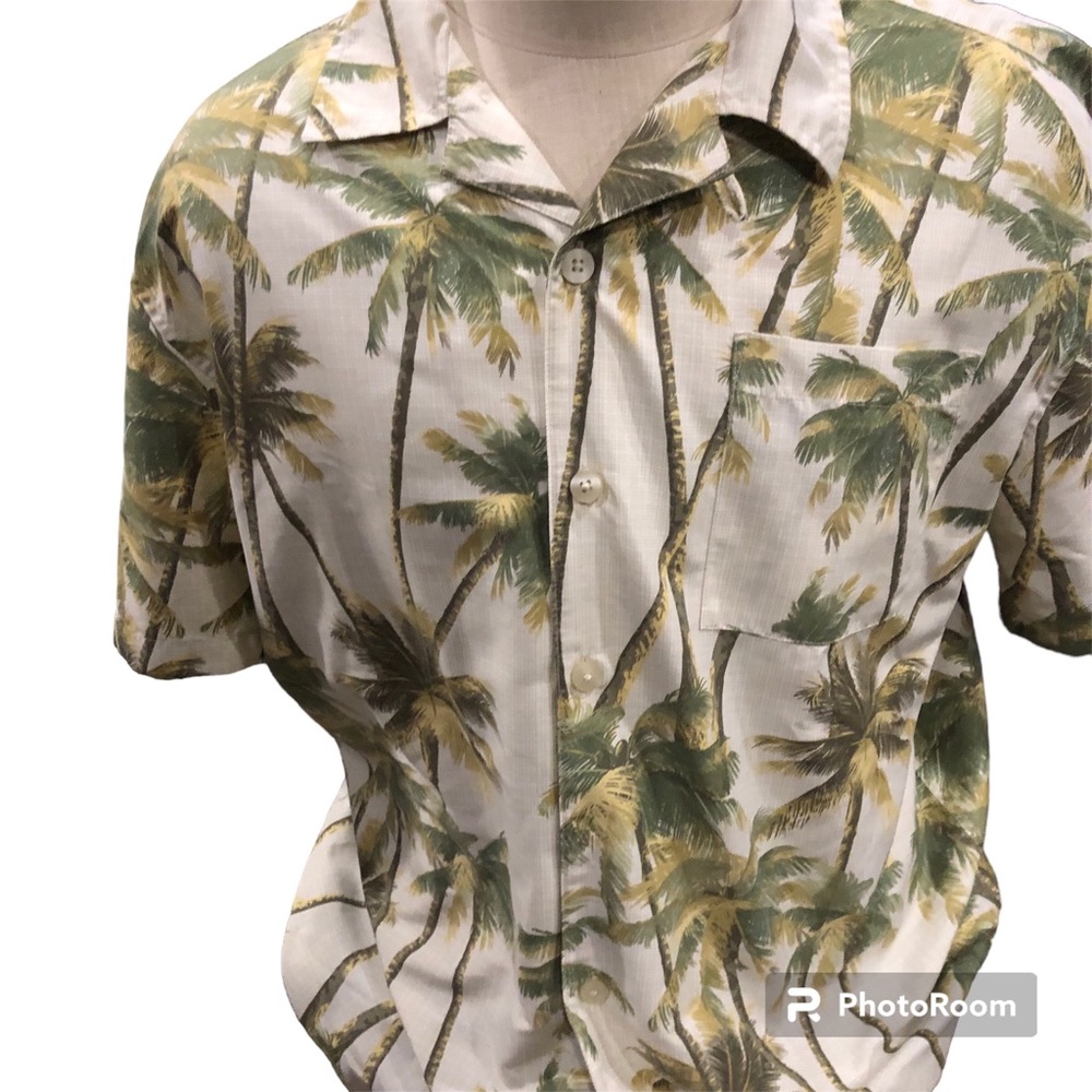 EUC Denver Hayes Swaying Palm Trees Shiny Finish Polyester Hawaiian Shirt Retro